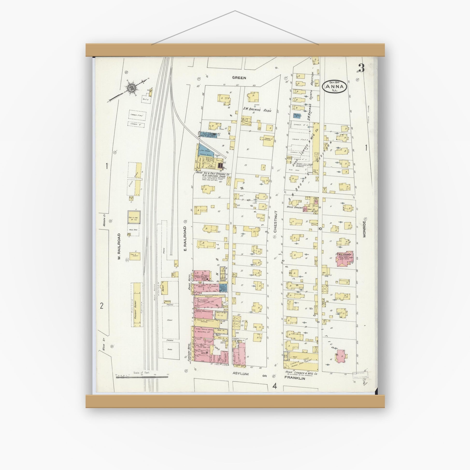 Old map wall art mockup — magnetic wood frame on white wall — Sanborn Fire Insurance Map from Anna, Union County, Illinois (1910), Sheet #0003