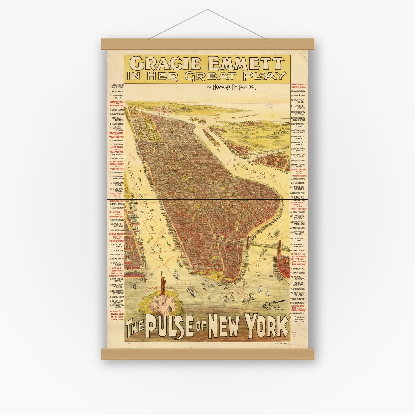 Old map wall art mockup — magnetic wood frame on white wall — Gracie Emmett in her great play the Pulse of New York. (1891)