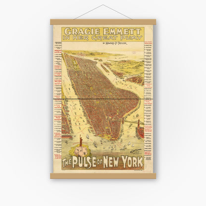 Old map wall art mockup — magnetic wood frame on white wall — Gracie Emmett in her great play the Pulse of New York. (1891)