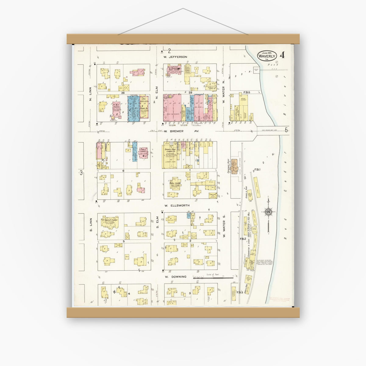Old map wall art mockup — magnetic wood frame on white wall — Sanborn Fire Insurance Map from Waverly, Bremer County, Iowa (1915), Sheet #0004