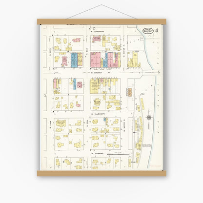 Old map wall art mockup — magnetic wood frame on white wall — Sanborn Fire Insurance Map from Waverly, Bremer County, Iowa (1915), Sheet #0004