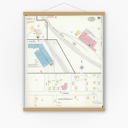 Old map wall art mockup — magnetic wood frame on white wall — Sanborn Fire Insurance Map from Salem, Columbiana County, Ohio (1909), Sheet #0019
