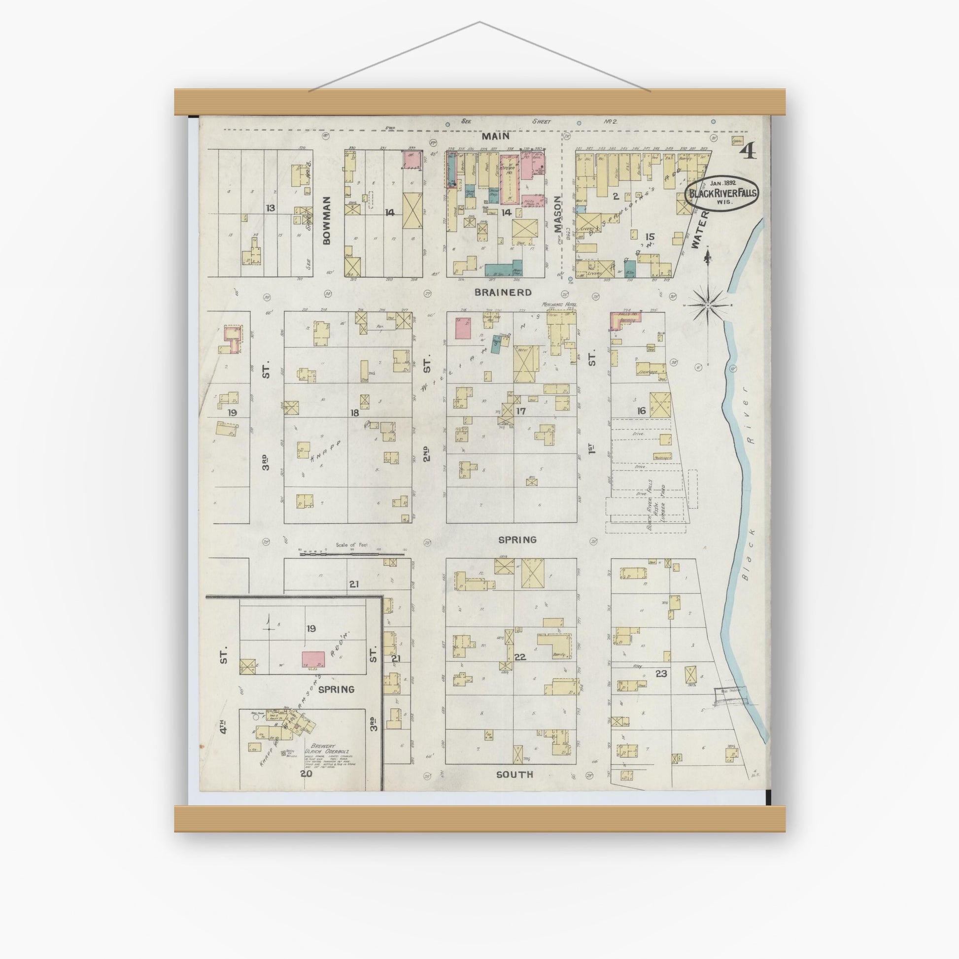 Old map wall art mockup — magnetic wood frame on white wall — Sanborn Fire Insurance Map from Black River Falls, Jackson County, Wisconsin (1892), Sheet #0004