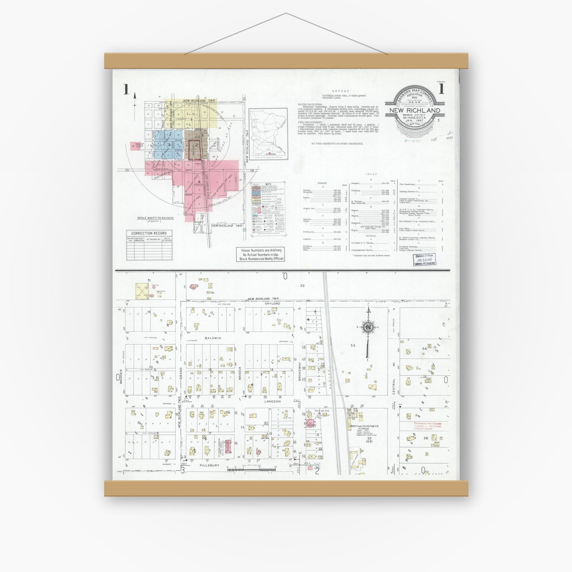Old map wall art mockup — magnetic wood frame on white wall — Sanborn Fire Insurance Map from New Richland, Waseca County, Minnesota (1947) - Complete Map Set