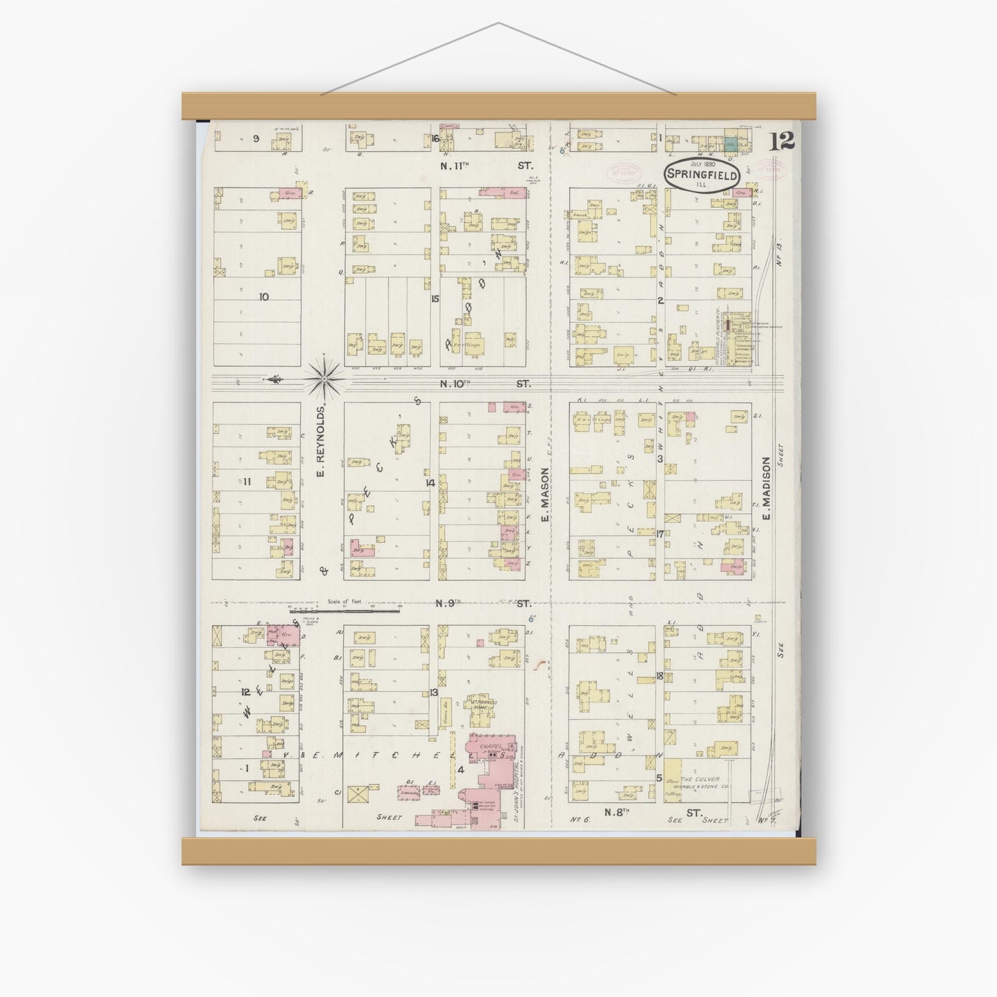 Old map wall art mockup — magnetic wood frame on white wall — Sanborn Fire Insurance Map from Springfield, Sangamon County, Illinois (1890), Sheet #0012