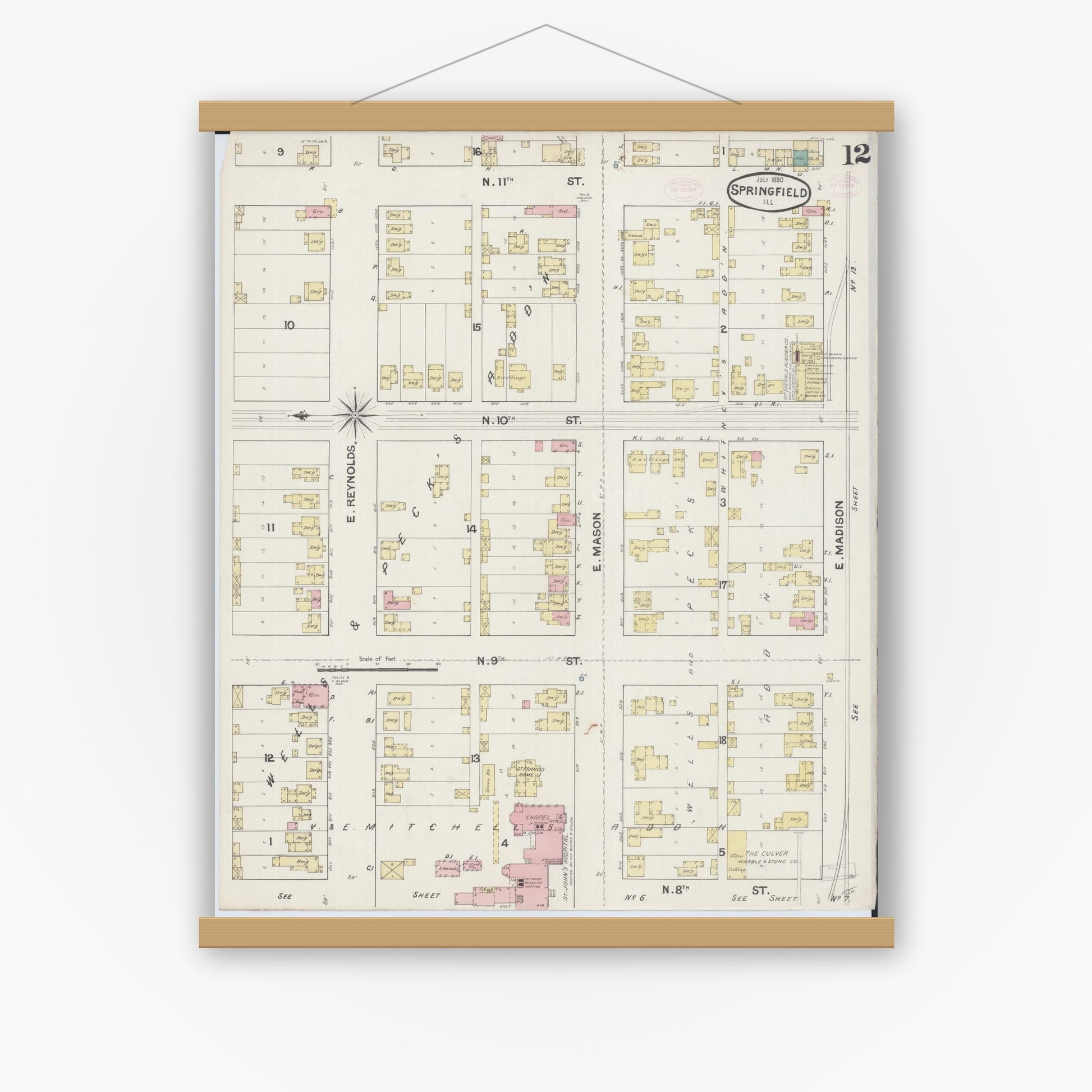 Old map wall art mockup — magnetic wood frame on white wall — Sanborn Fire Insurance Map from Springfield, Sangamon County, Illinois (1890), Sheet #0012