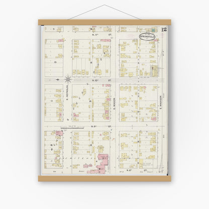 Old map wall art mockup — magnetic wood frame on white wall — Sanborn Fire Insurance Map from Springfield, Sangamon County, Illinois (1890), Sheet #0012