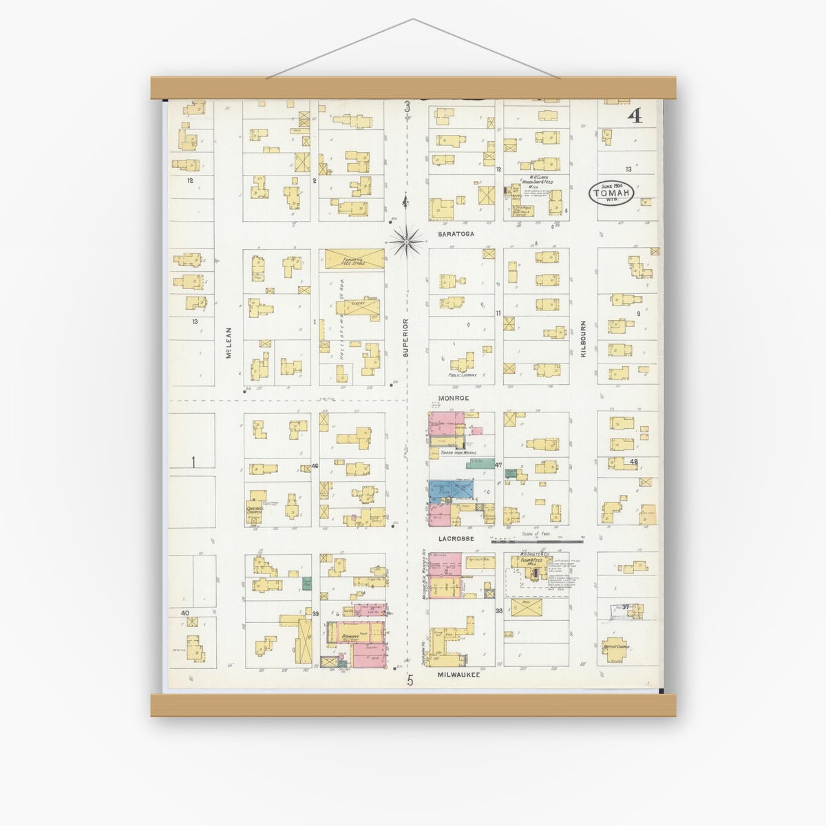 Old map wall art mockup — magnetic wood frame on white wall — Sanborn Fire Insurance Map from Tomah, Monroe County, Wisconsin (1904), Sheet #0004