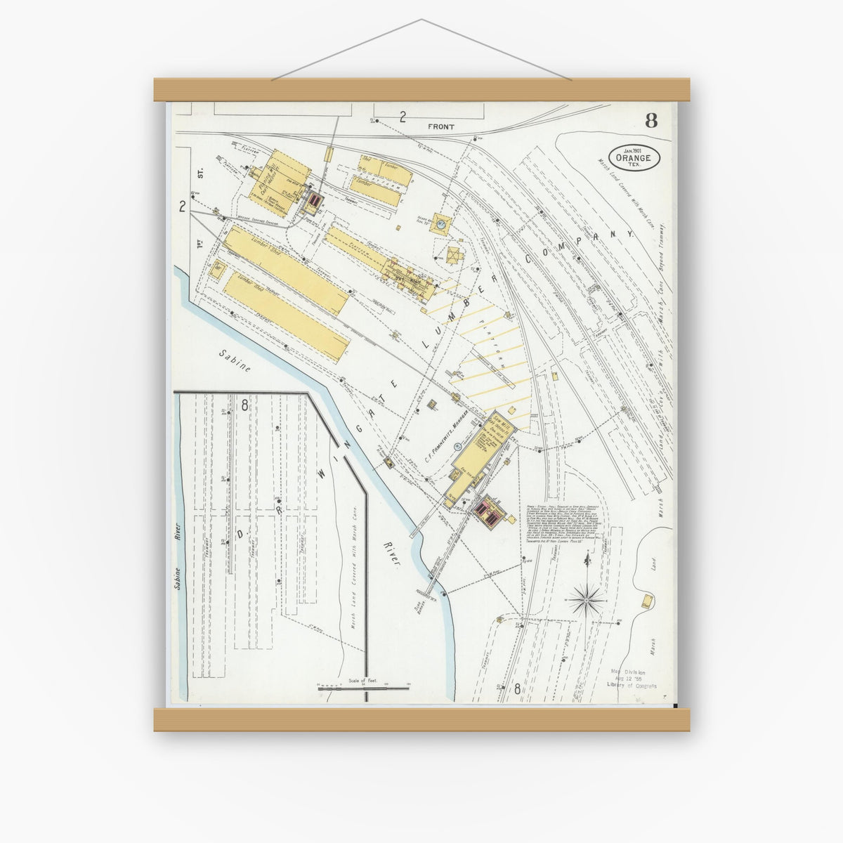 Old map wall art mockup — magnetic wood frame on white wall — Sanborn Fire Insurance Map from Orange, Orange County, Texas (1901), Sheet #0008