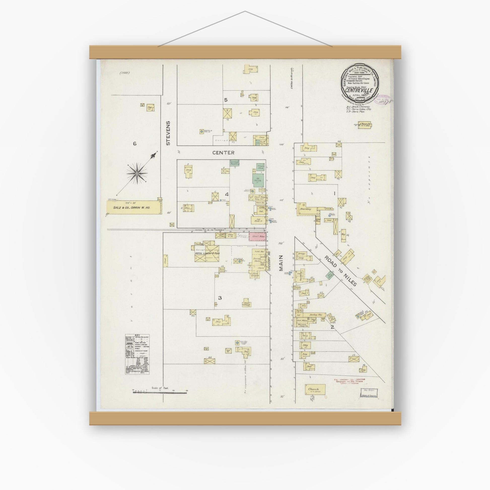 Old map wall art mockup — magnetic wood frame on white wall — Sanborn Fire Insurance Map from Centerville, Alameda County, California (1887), Sheet #0001