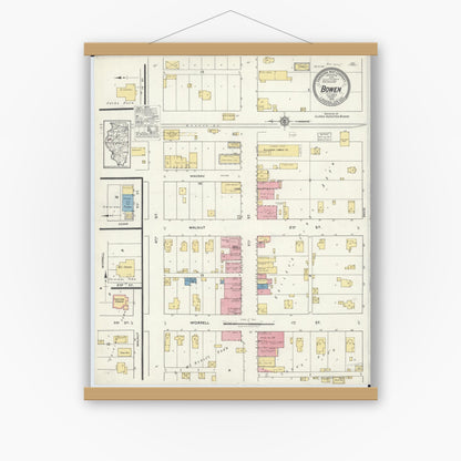 Old map wall art mockup — magnetic wood frame on white wall — Sanborn Fire Insurance Map from Bowen, Hancock County, Illinois (1919), Sheet #0001
