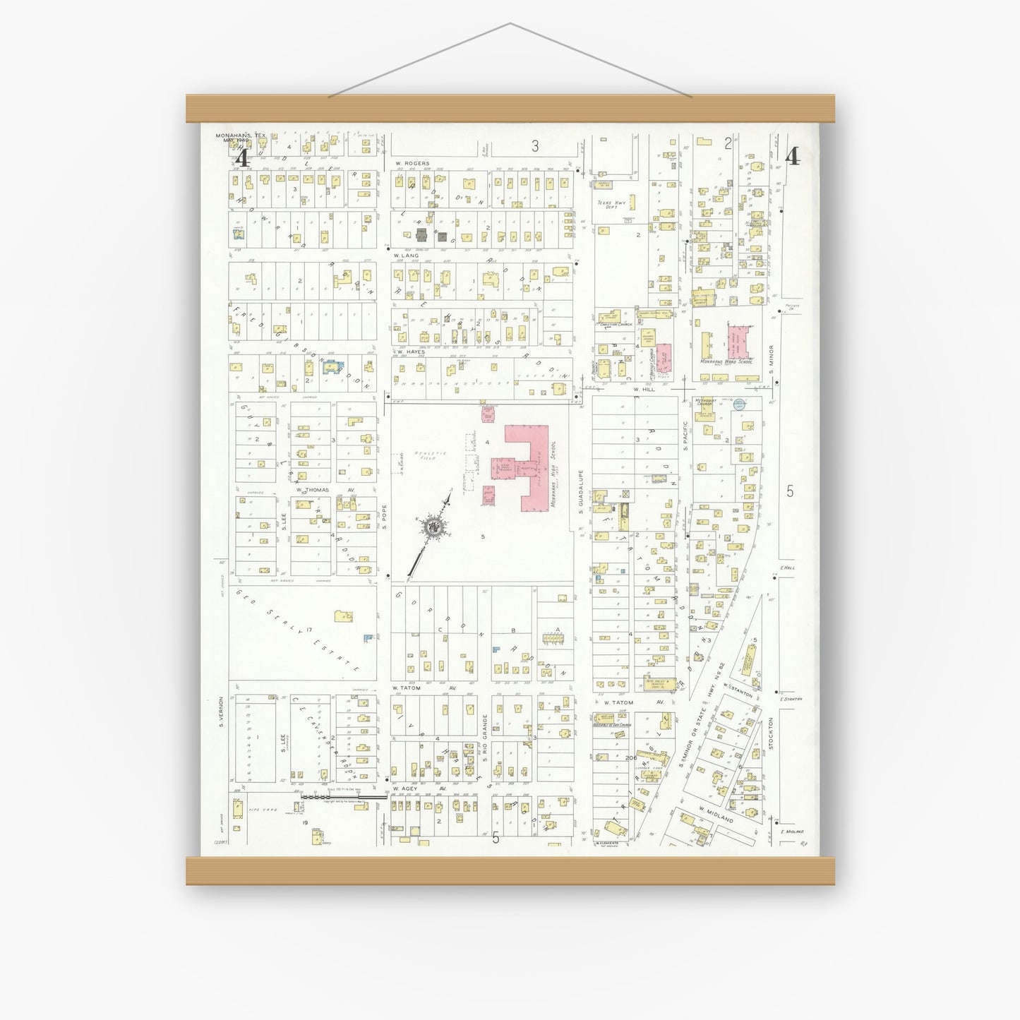 Old map wall art mockup — magnetic wood frame on white wall — Sanborn Fire Insurance Map from Monahans, Ward County, Texas (1940), Sheet #0004