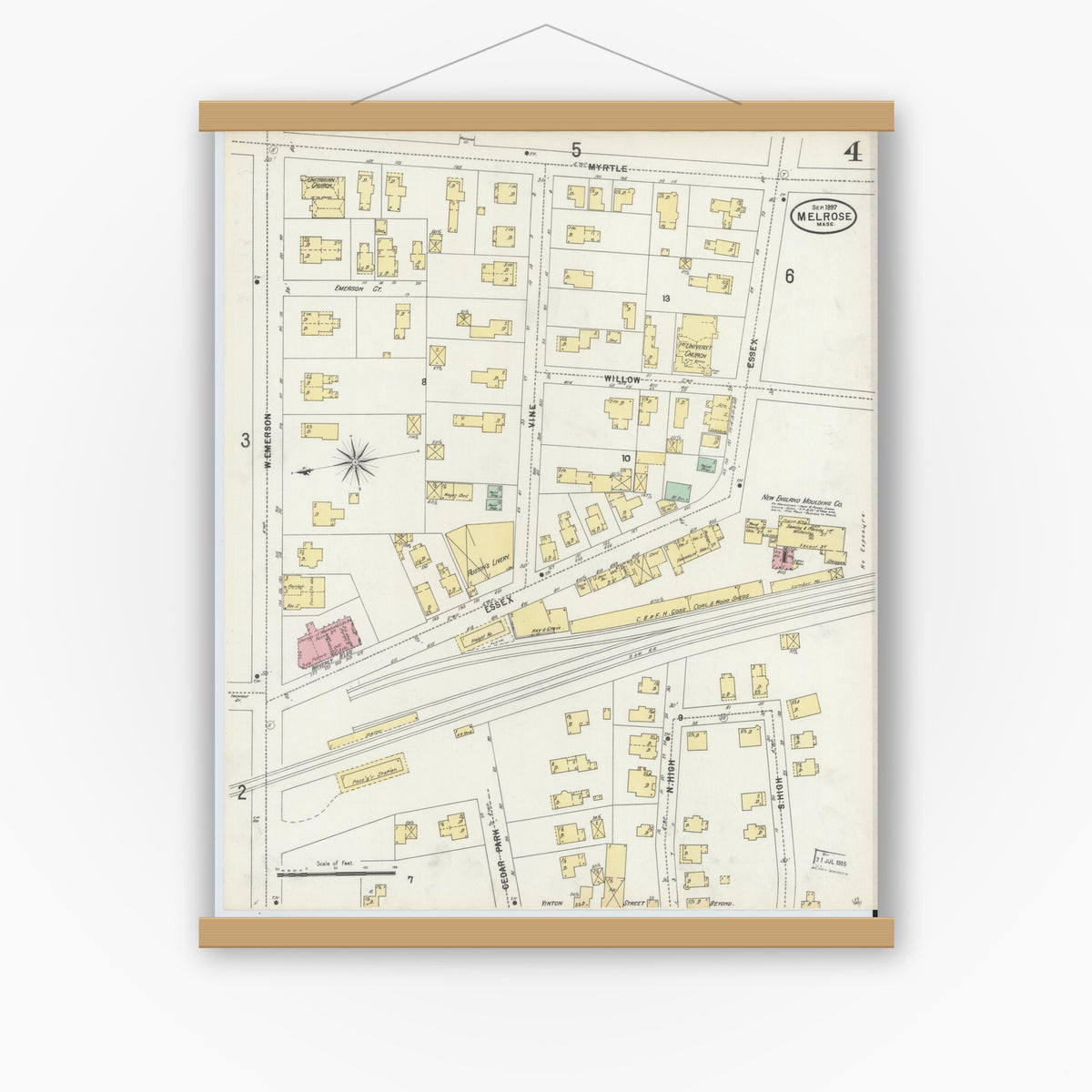 Old map wall art mockup — magnetic wood frame on white wall — Sanborn Fire Insurance Map from Melrose, Middlesex County, Massachusetts (1897), Sheet #0004