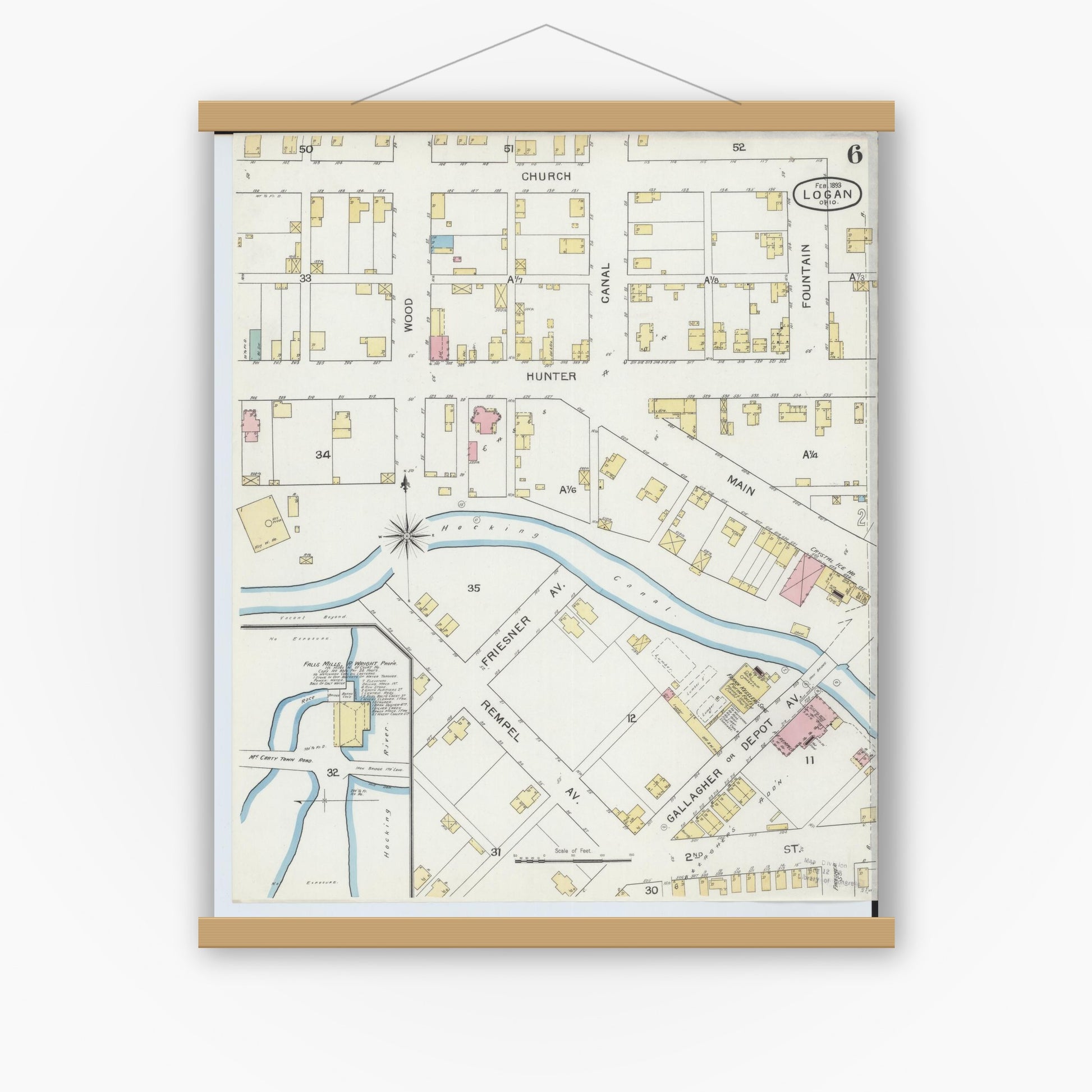 Old map wall art mockup — magnetic wood frame on white wall — Sanborn Fire Insurance Map from Logan, Hocking County, Ohio (1893), Sheet #0006