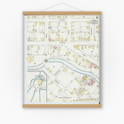 Old map wall art mockup — magnetic wood frame on white wall — Sanborn Fire Insurance Map from Logan, Hocking County, Ohio (1893), Sheet #0006