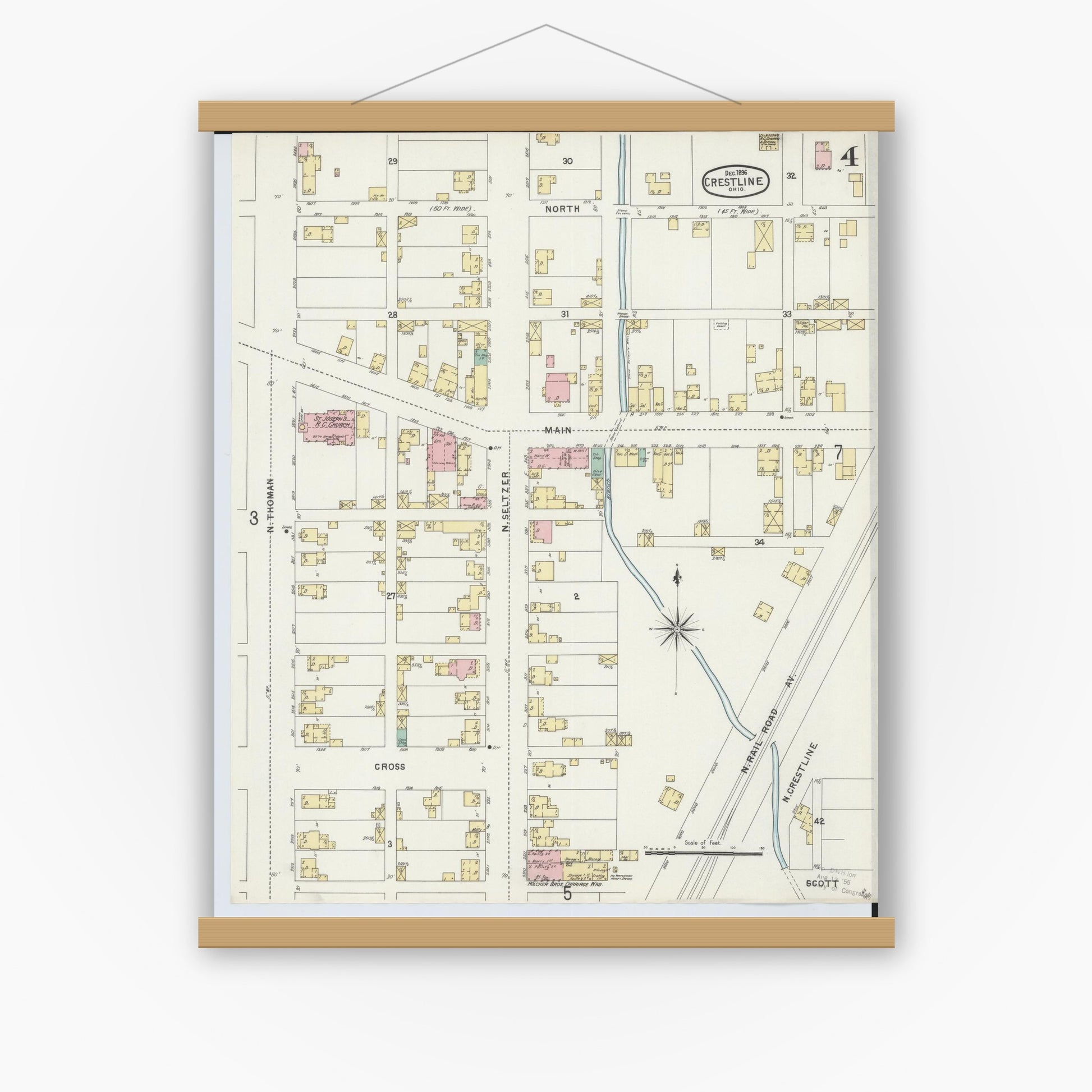 Old map wall art mockup — magnetic wood frame on white wall — Sanborn Fire Insurance Map from Crestline, Crawford County, Ohio (1896), Sheet #0004