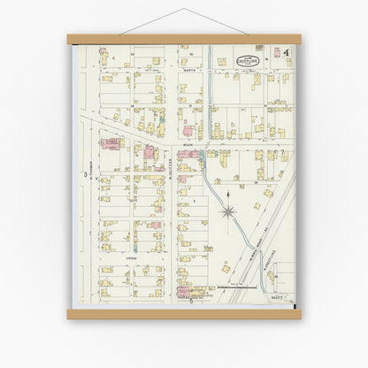 Old map wall art mockup — magnetic wood frame on white wall — Sanborn Fire Insurance Map from Crestline, Crawford County, Ohio (1896), Sheet #0004