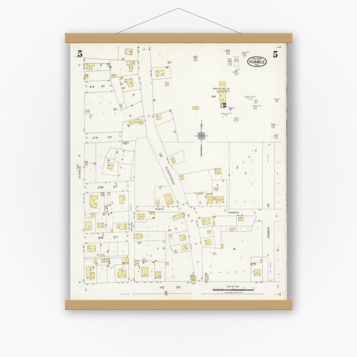 Old map wall art mockup — magnetic wood frame on white wall — Sanborn Fire Insurance Map from Humble, Harris County, Texas (1926), Sheet #0005