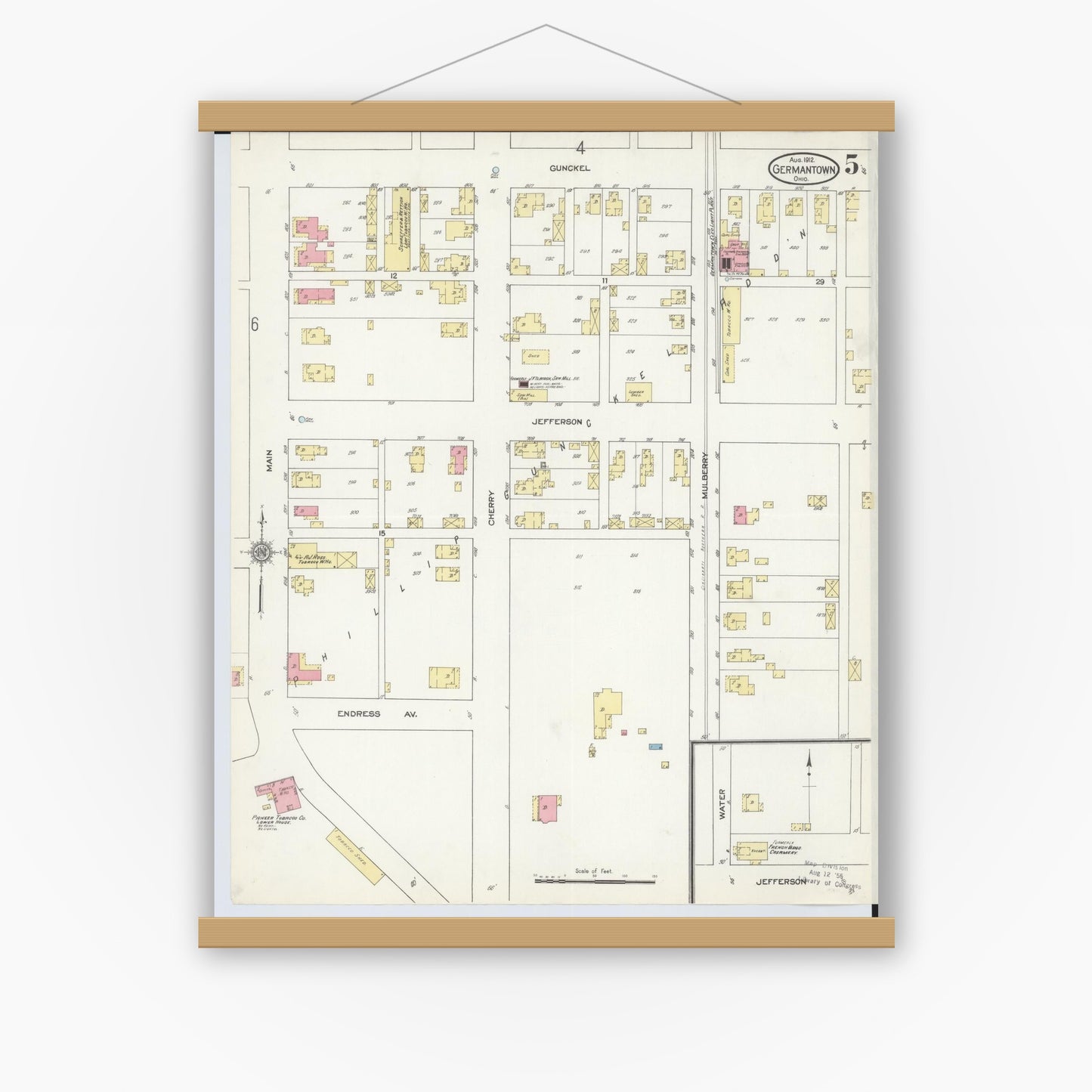 Old map wall art mockup — magnetic wood frame on white wall — Sanborn Fire Insurance Map from Germantown, Montgomery County, Ohio (1912), Sheet #0005