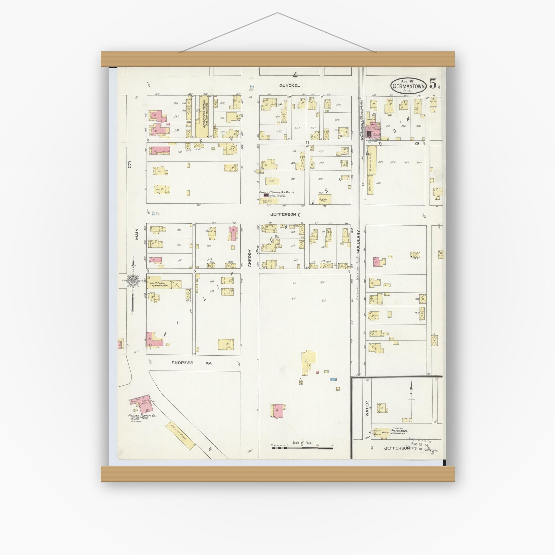 Old map wall art mockup — magnetic wood frame on white wall — Sanborn Fire Insurance Map from Germantown, Montgomery County, Ohio (1912), Sheet #0005