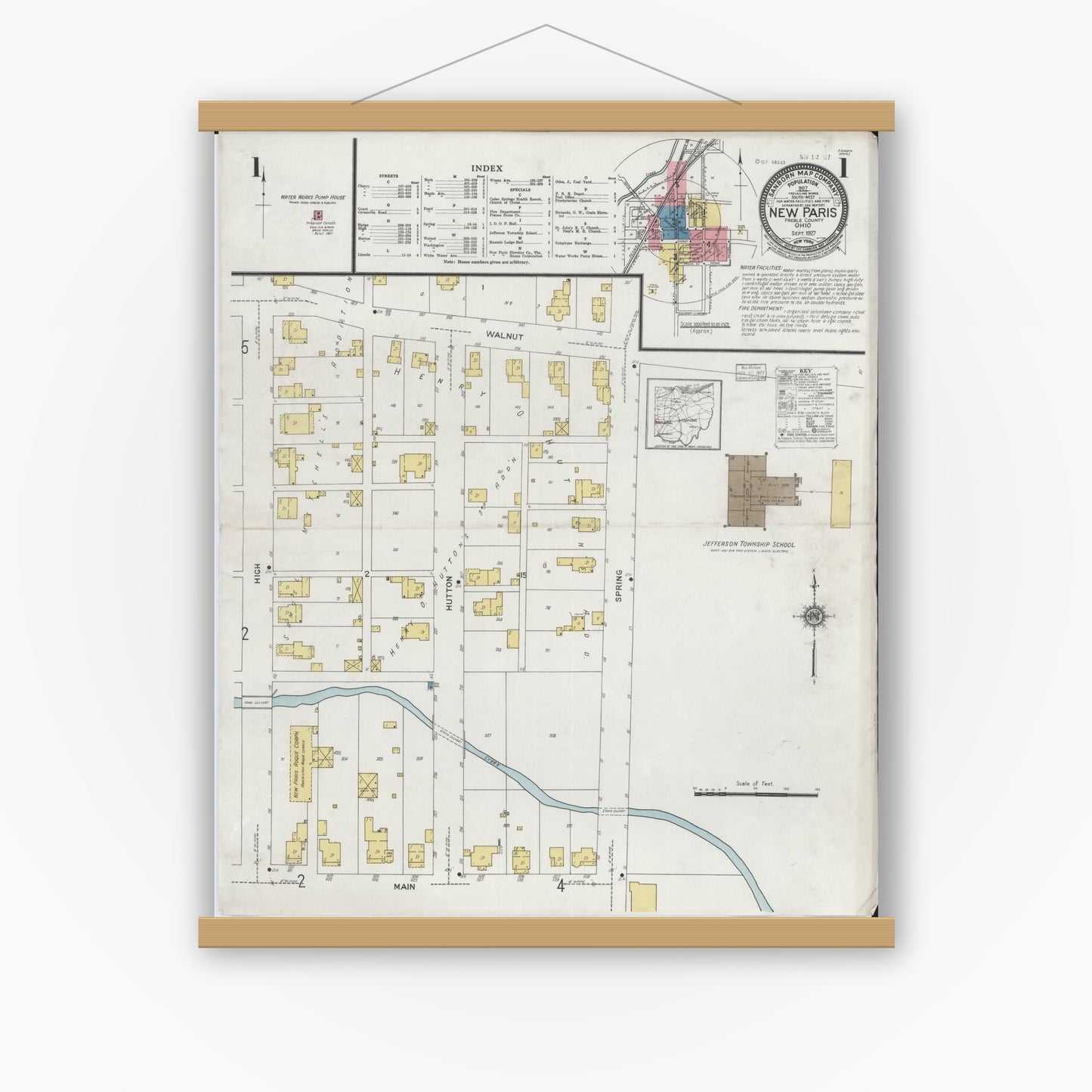 Old map wall art mockup — magnetic wood frame on white wall — Sanborn Fire Insurance Map from New Paris, Preble County, Ohio (1927), Sheet #0001