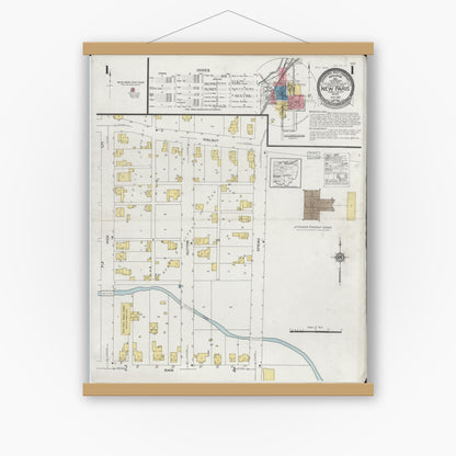 Old map wall art mockup — magnetic wood frame on white wall — Sanborn Fire Insurance Map from New Paris, Preble County, Ohio (1927), Sheet #0001