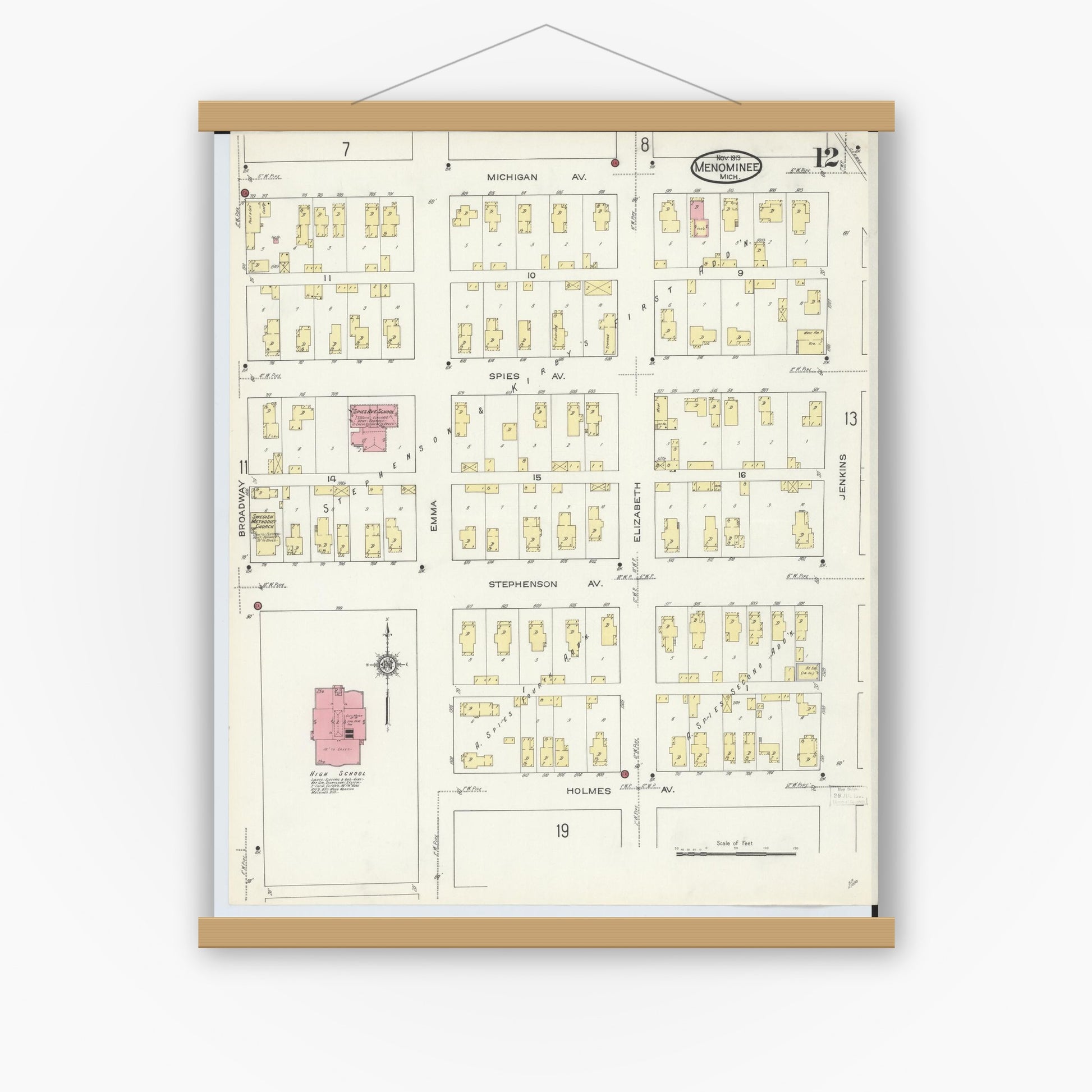 Old map wall art mockup — magnetic wood frame on white wall — Sanborn Fire Insurance Map from Menominee, Menominee County, Michigan (1913), Sheet #0012