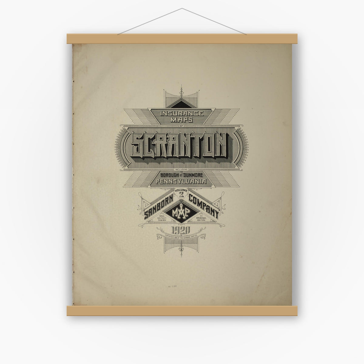 Old map wall art mockup — magnetic wood frame on white wall — Sanborn Fire Insurance Map from Scranton, Lackawanna County, Pennsylvania (1920), Sheet #0001