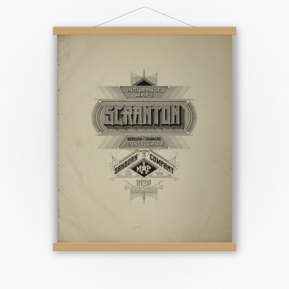 Old map wall art mockup — magnetic wood frame on white wall — Sanborn Fire Insurance Map from Scranton, Lackawanna County, Pennsylvania (1920), Sheet #0001