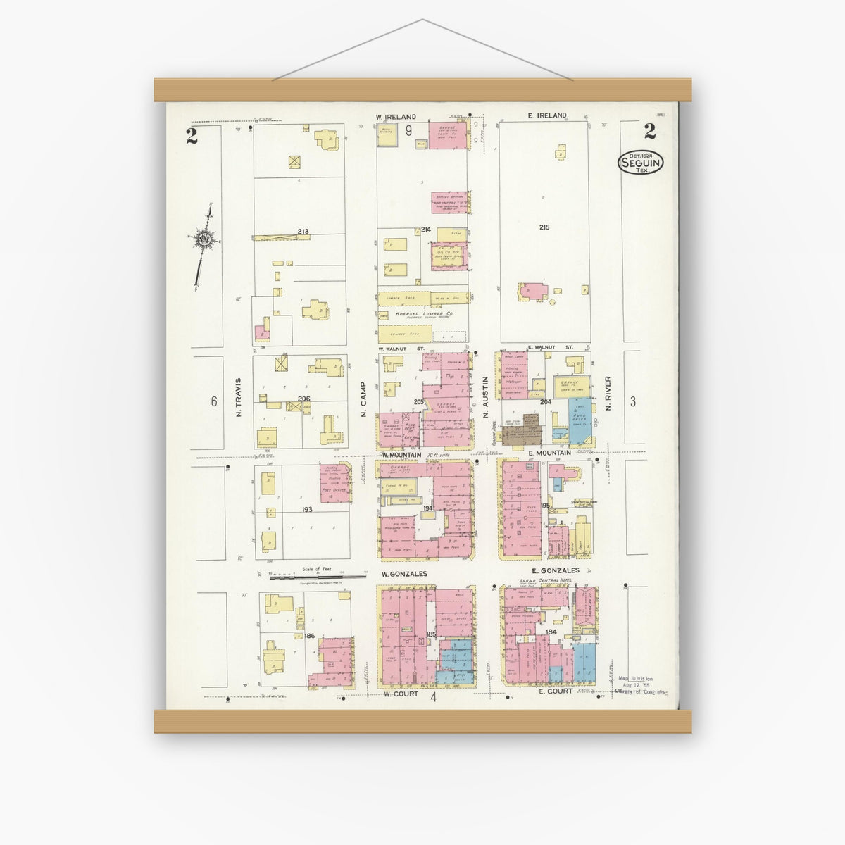 Old map wall art mockup — magnetic wood frame on white wall — Sanborn Fire Insurance Map from Seguin, Guadalupe County, Texas (1924), Sheet #0002