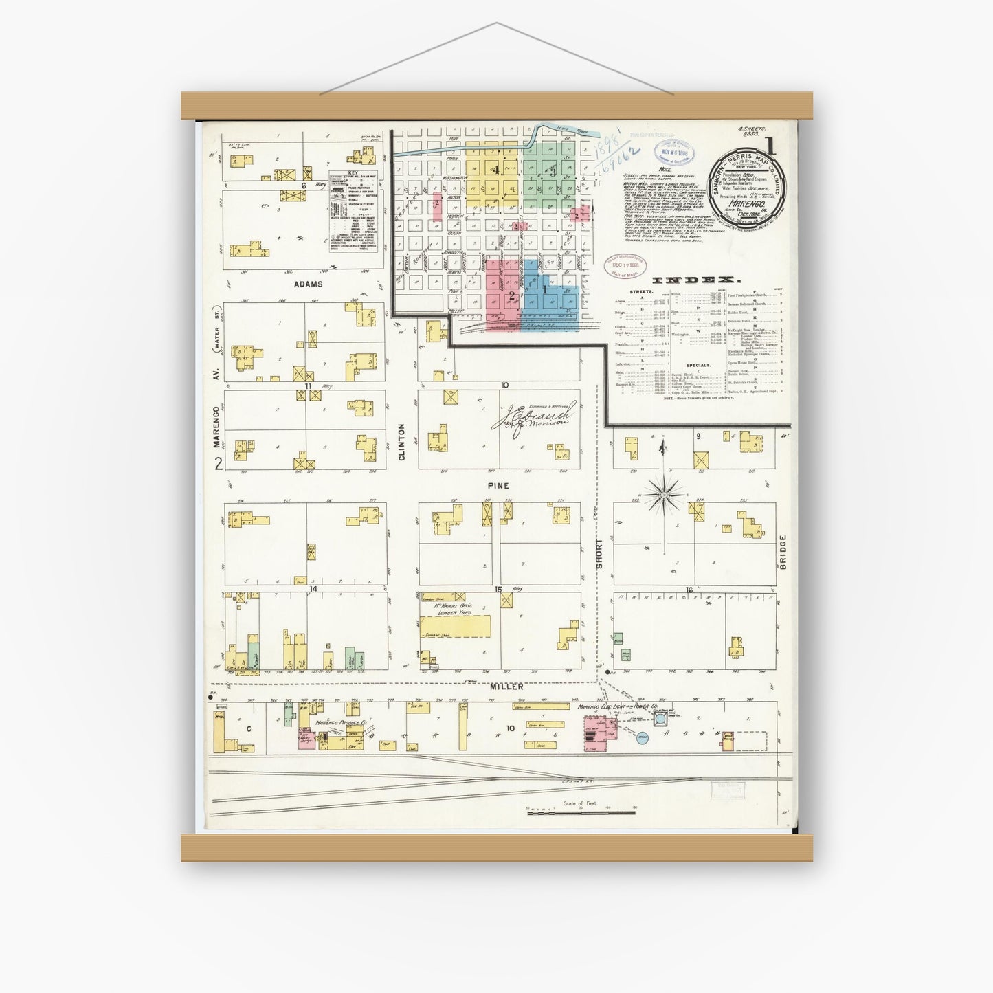 Old map wall art mockup — magnetic wood frame on white wall — Sanborn Fire Insurance Map from Marengo, Iowa County, Iowa (1898) â€” Complete Set