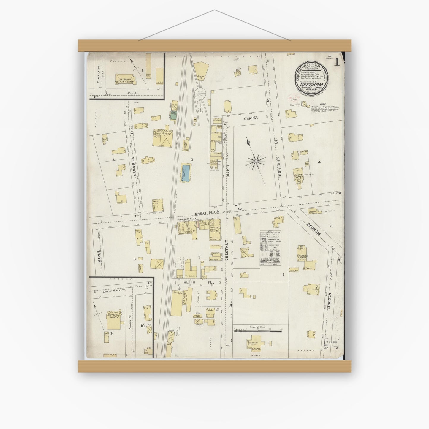 Old map wall art mockup — magnetic wood frame on white wall — Sanborn Fire Insurance Map from Needham, Norfolk County, Massachusetts (1896), Sheet #0001