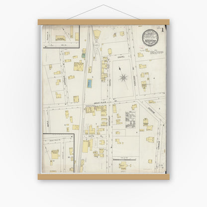 Old map wall art mockup — magnetic wood frame on white wall — Sanborn Fire Insurance Map from Needham, Norfolk County, Massachusetts (1896), Sheet #0001