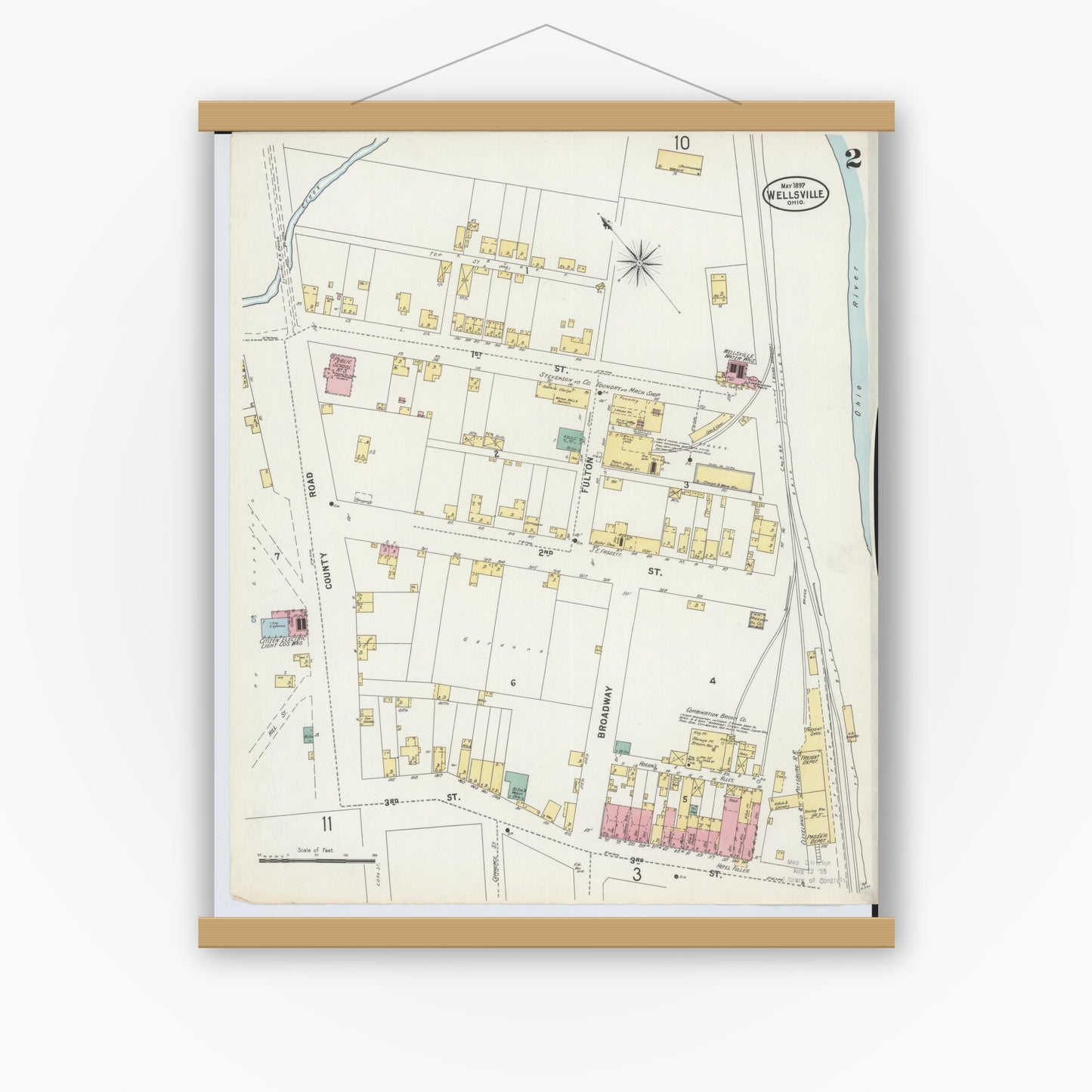Old map wall art mockup — magnetic wood frame on white wall — Sanborn Fire Insurance Map from Wellsville, Columbiana County, Ohio (1897), Sheet #0002