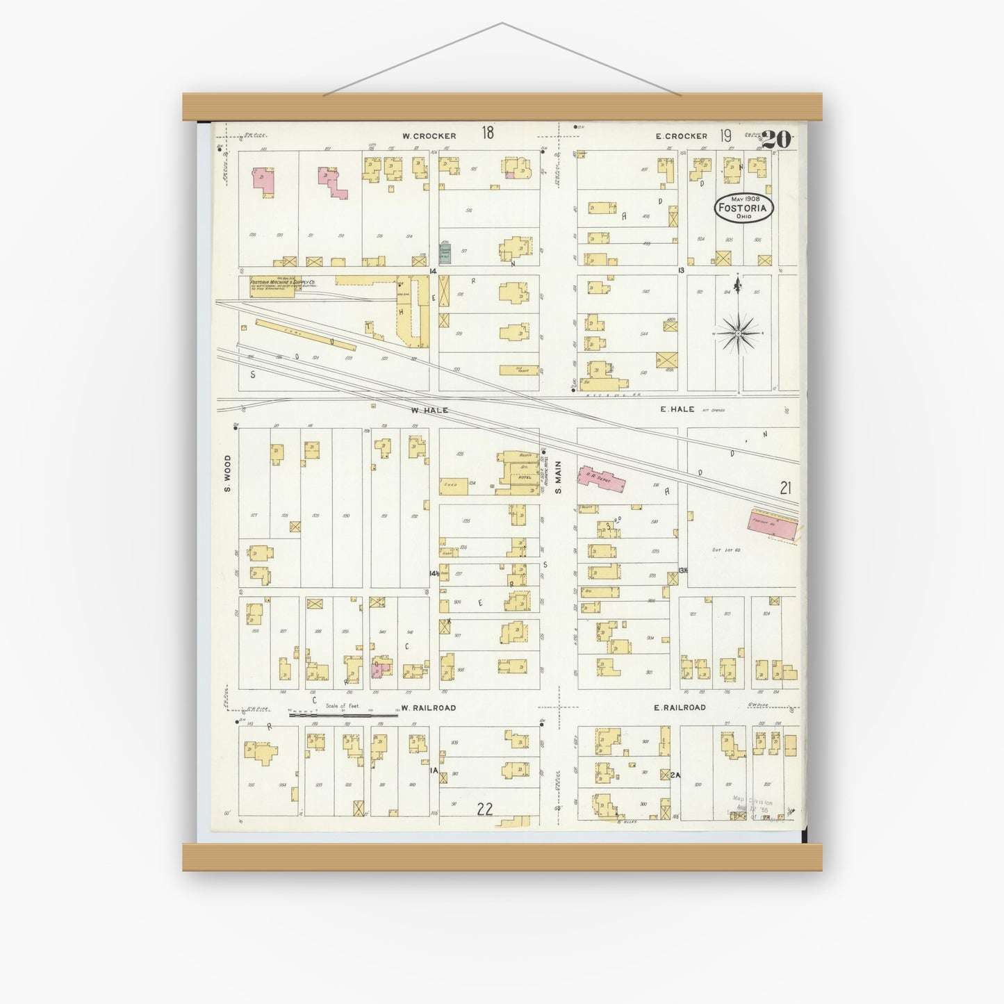 Old map wall art mockup — magnetic wood frame on white wall — Sanborn Fire Insurance Map from Fostoria, Seneca, Hancock, And Wood Counties, Ohio (1908), Sheet #0020