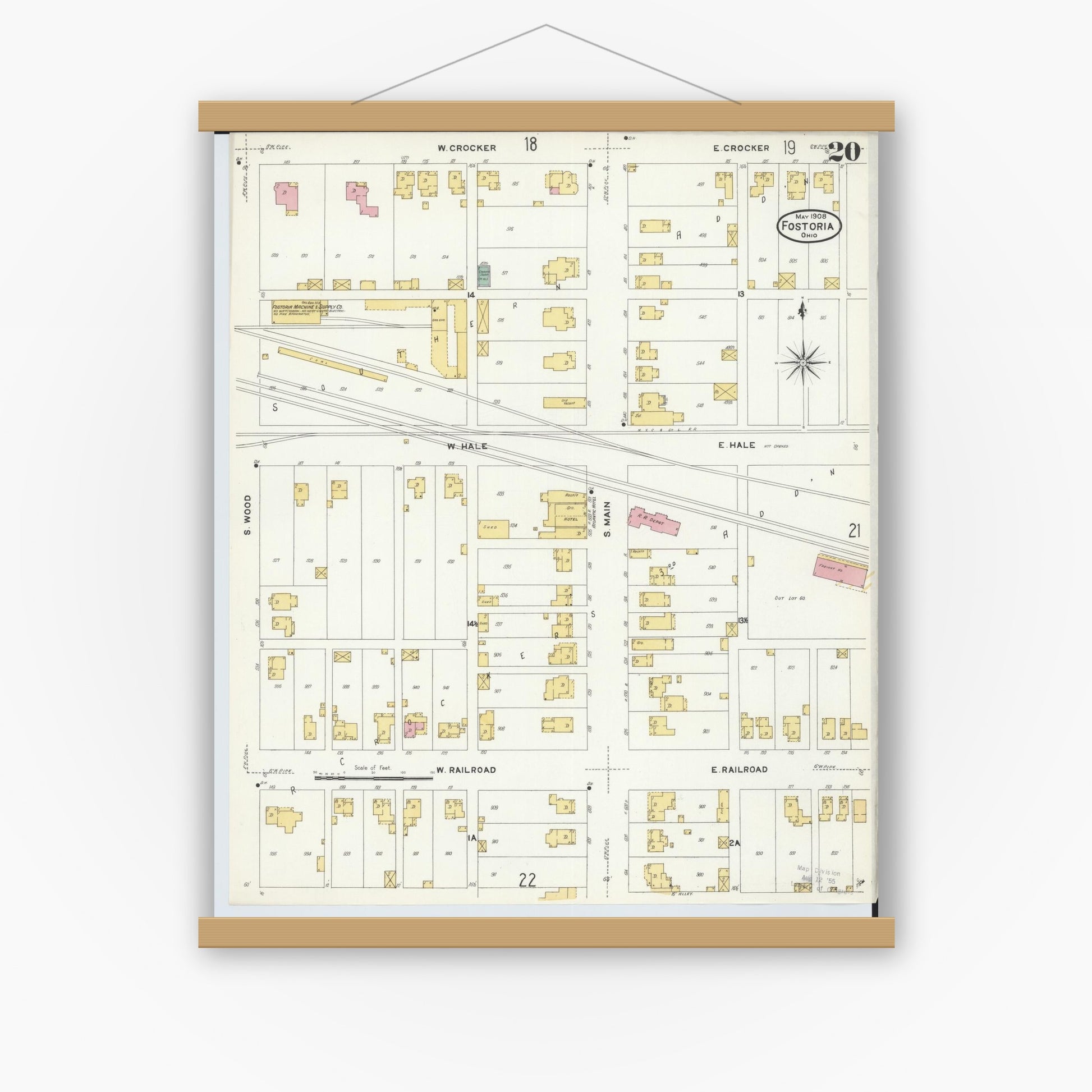 Old map wall art mockup — magnetic wood frame on white wall — Sanborn Fire Insurance Map from Fostoria, Seneca, Hancock, And Wood Counties, Ohio (1908), Sheet #0020