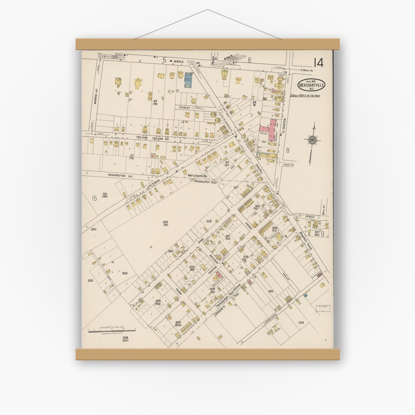 Old map wall art mockup — magnetic wood frame on white wall — Sanborn Fire Insurance Map from Merchantville, Camden County, New Jersey (1921), Sheet #0014