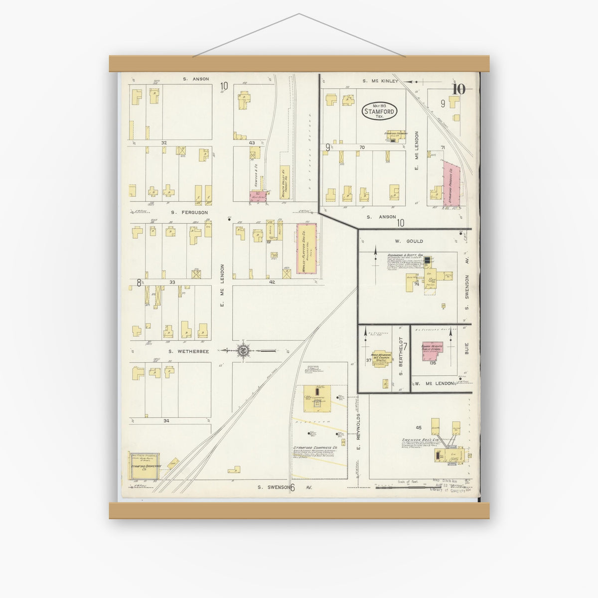 Old map wall art mockup — magnetic wood frame on white wall — Sanborn Fire Insurance Map from Stamford, Jones County, Texas (1913), Sheet #0010