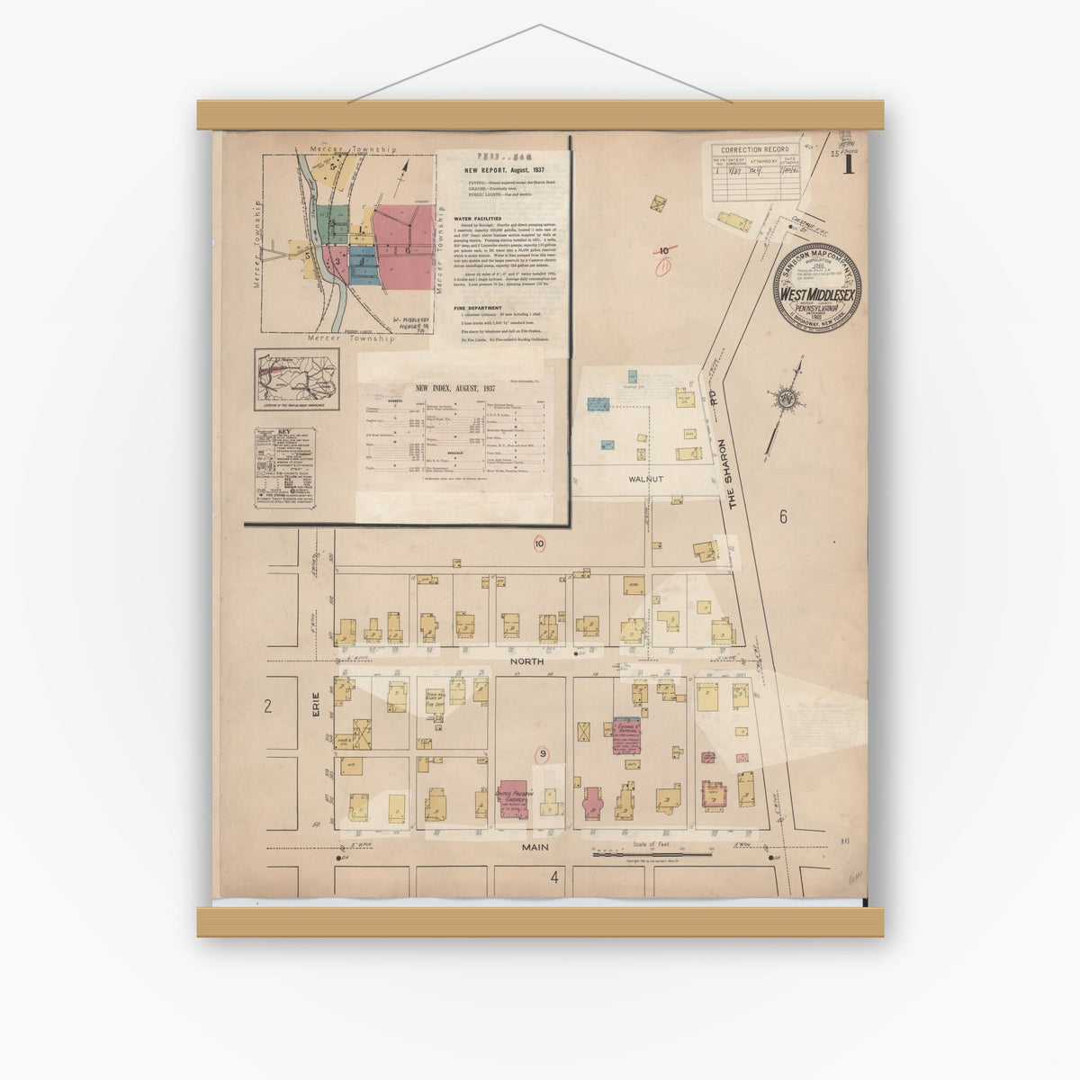 Old map wall art mockup — magnetic wood frame on white wall — Sanborn Fire Insurance Map from West Middlesex, Mercer County, Pennsylvania (1937), Sheet #0001