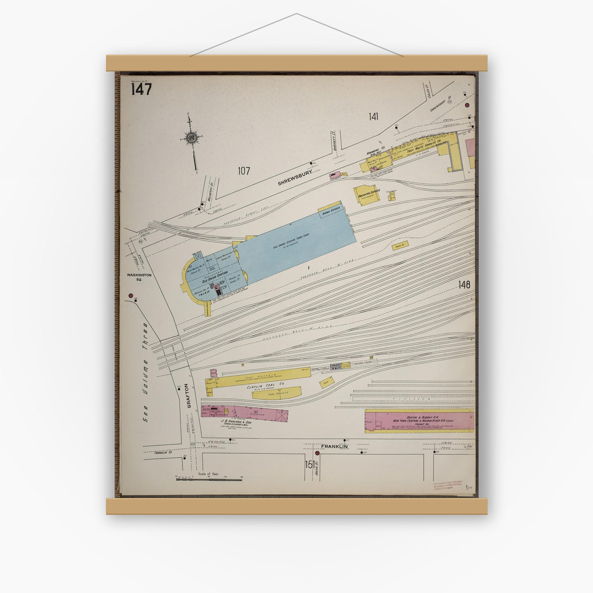 Old map wall art mockup — magnetic wood frame on white wall — Sanborn Fire Insurance Map from Worcester, Worcester County, Massachusetts (1910), Sheet #0147