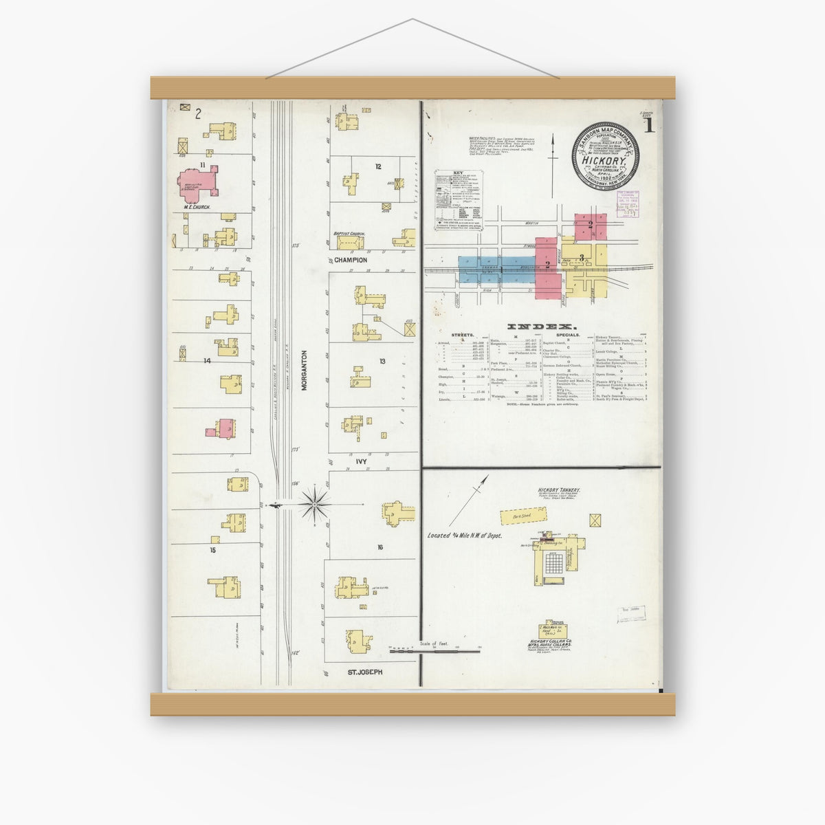 Old map wall art mockup — magnetic wood frame on white wall — Sanborn Fire Insurance Map from Hickory, Catawba County, North Carolina (1902) - Complete Map Set