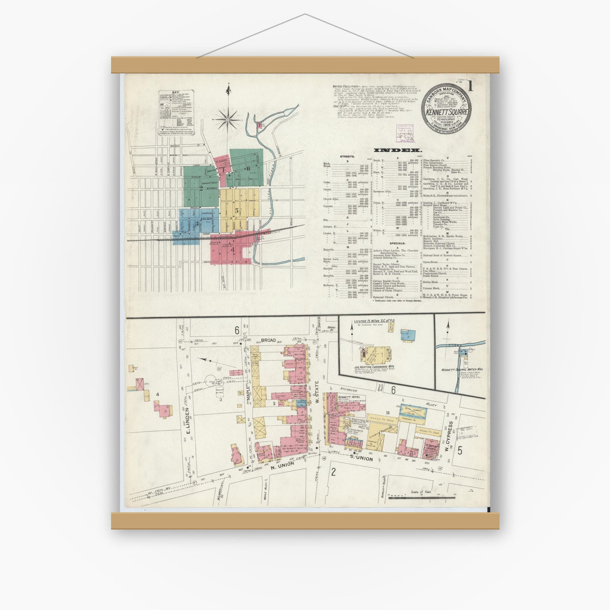 Old map wall art mockup — magnetic wood frame on white wall — Sanborn Fire Insurance Map from Kennett Square, Chester County, Pennsylvania (1908), Sheet #0001