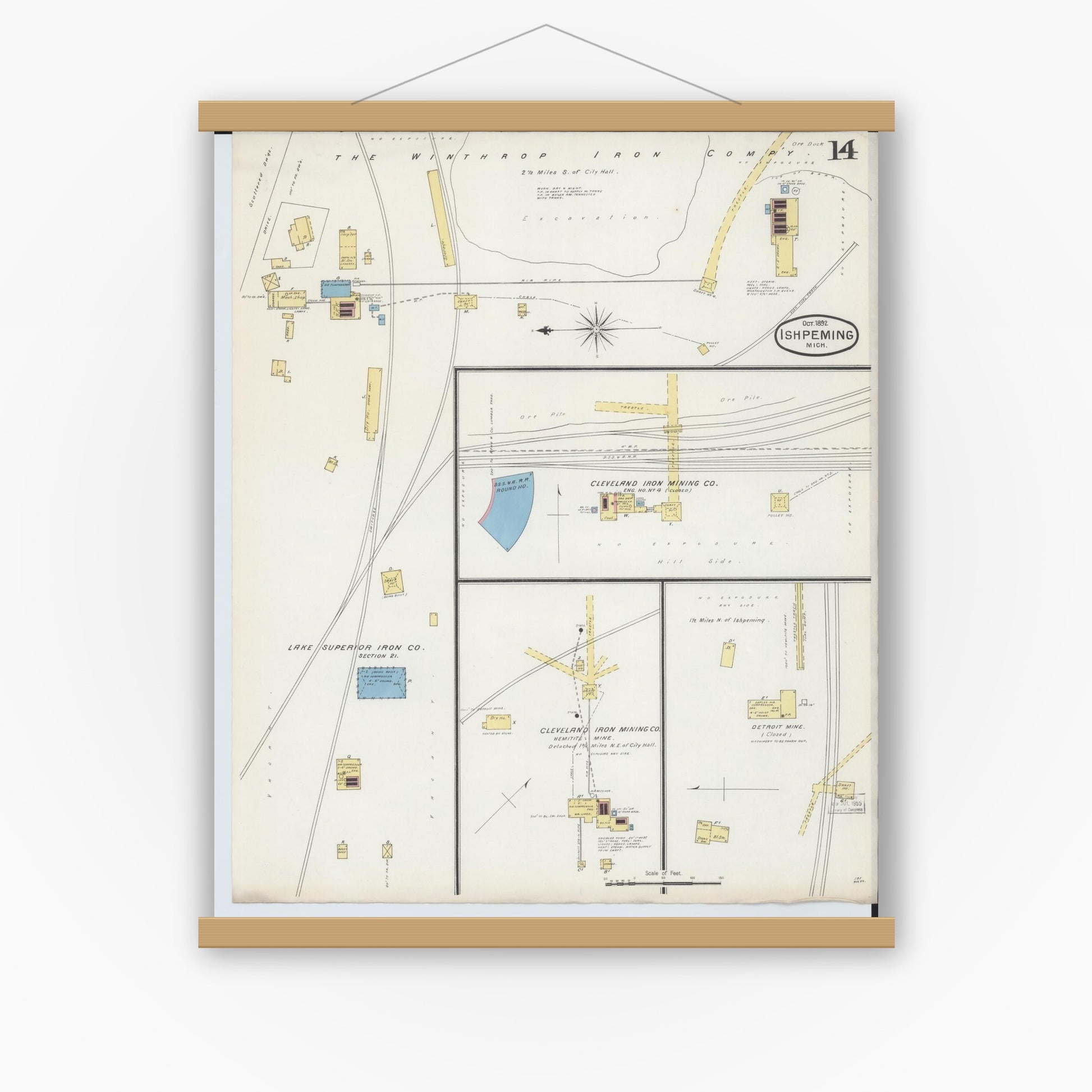Old map wall art mockup — magnetic wood frame on white wall — Sanborn Fire Insurance Map from Ishpeming, Marquette County, Michigan (1892), Sheet #0014