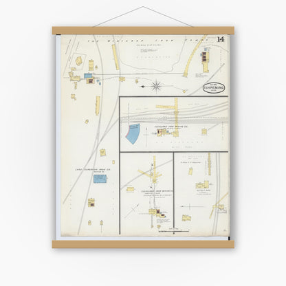 Old map wall art mockup — magnetic wood frame on white wall — Sanborn Fire Insurance Map from Ishpeming, Marquette County, Michigan (1892), Sheet #0014