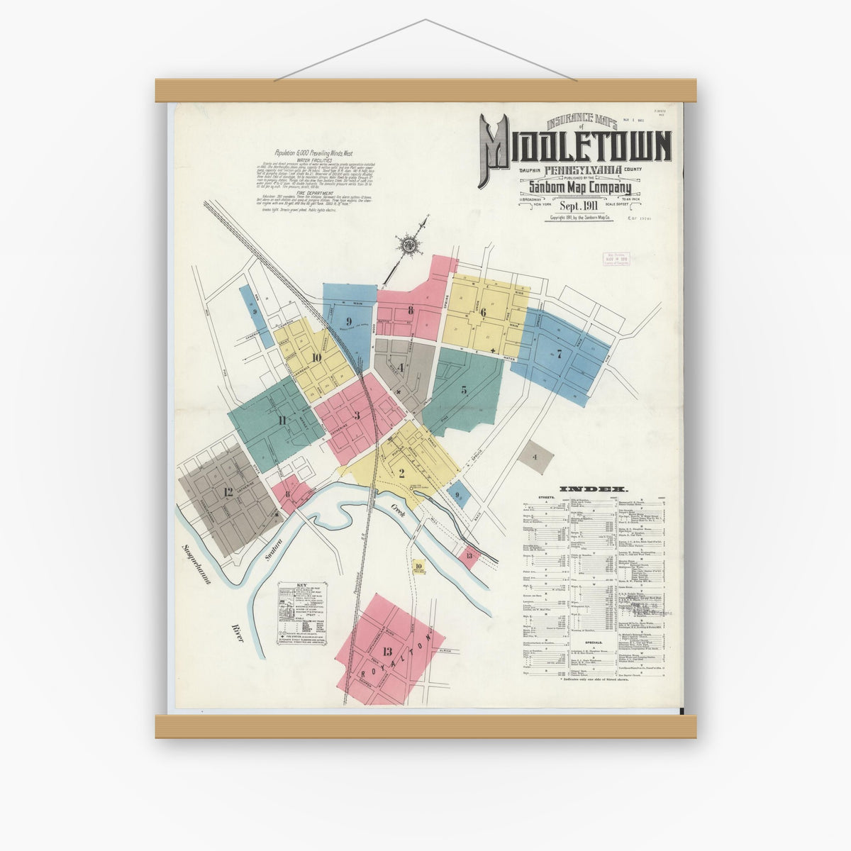 Old map wall art mockup — magnetic wood frame on white wall — Sanborn Fire Insurance Map from Middletown, Dauphin County, Pennsylvania (1911), Sheet #0001