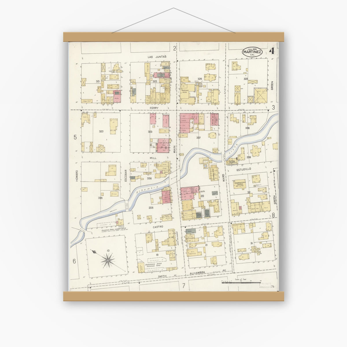 Old map wall art mockup — magnetic wood frame on white wall — Sanborn Fire Insurance Map from Martinez, Contra Costa County, California (1908), Sheet #0004