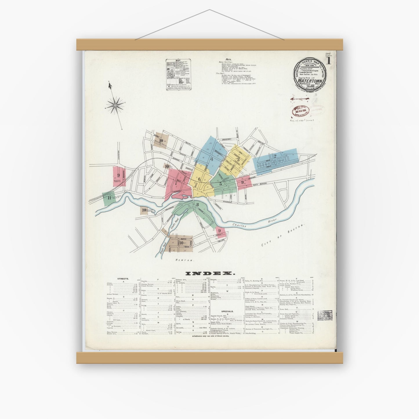 Old map wall art mockup — magnetic wood frame on white wall — Sanborn Fire Insurance Map from Watertown, Middlesex County, Massachusetts (1899), Sheet #0001