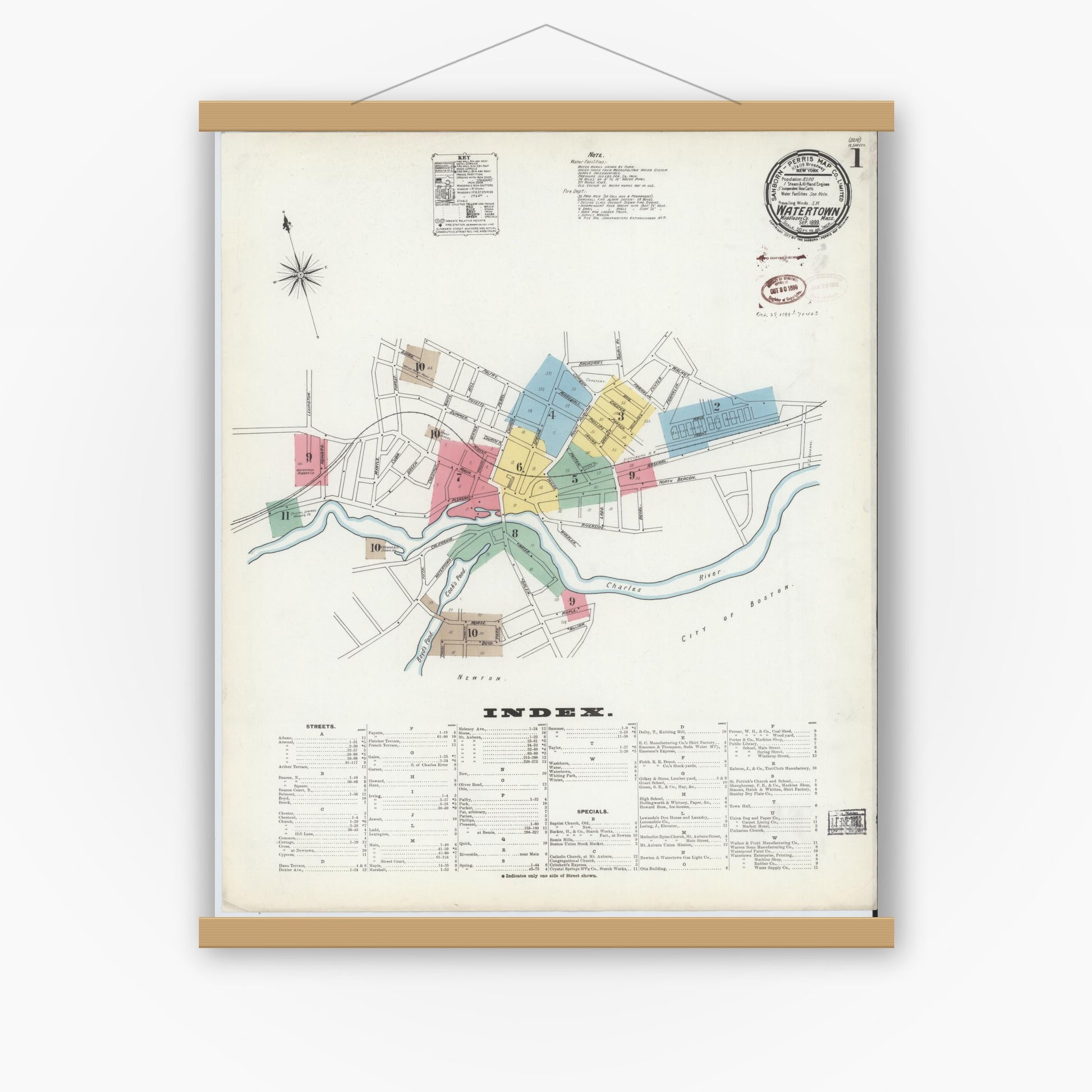 Old map wall art mockup — magnetic wood frame on white wall — Sanborn Fire Insurance Map from Watertown, Middlesex County, Massachusetts (1899), Sheet #0001