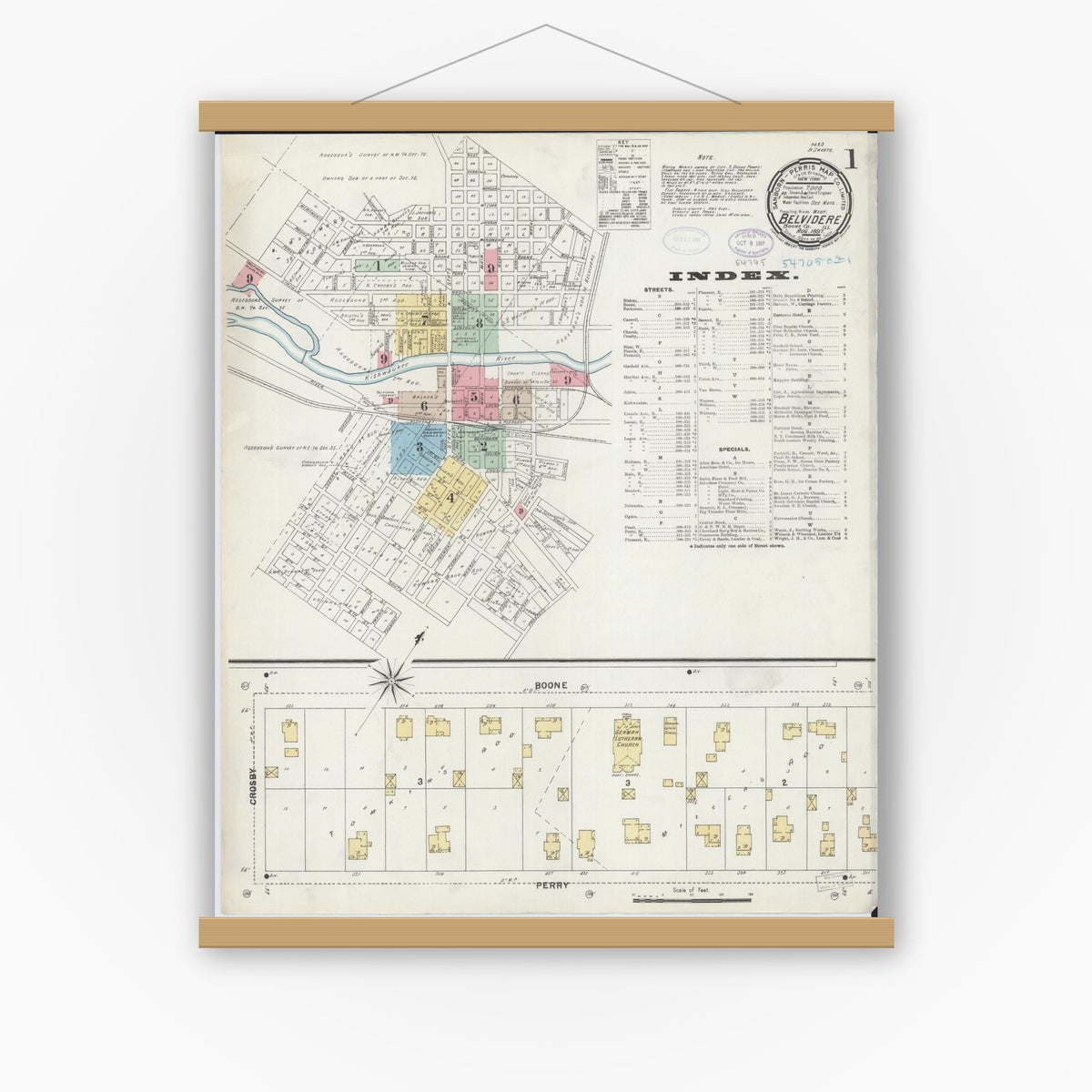Old map wall art mockup — magnetic wood frame on white wall — Sanborn Fire Insurance Map from Belvidere, Boone County, Illinois (1897) - Complete Map Set
