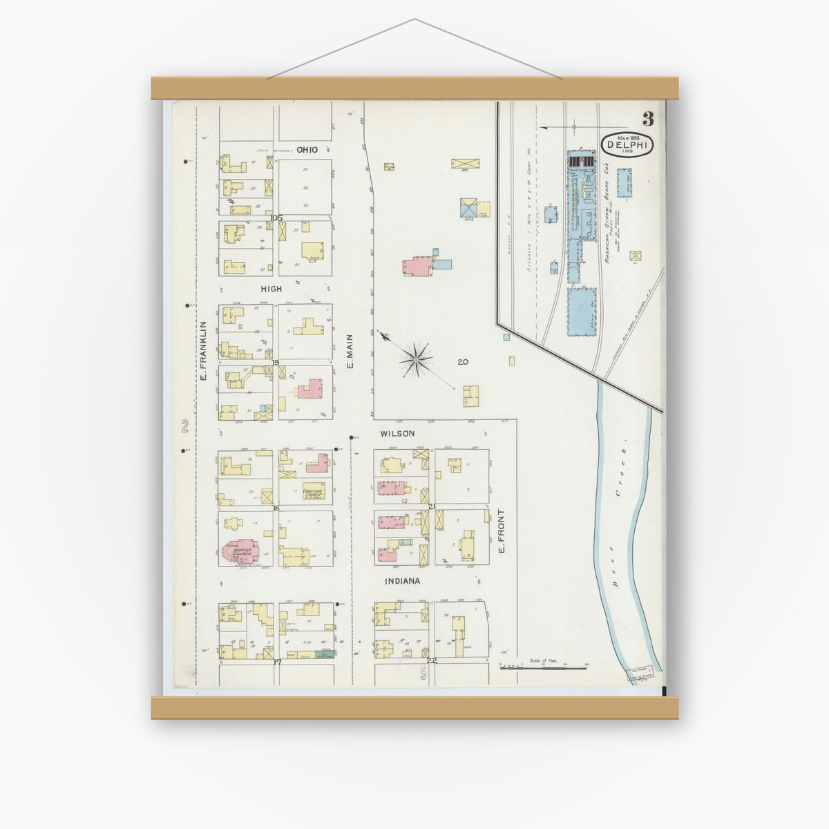 Old map wall art mockup — magnetic wood frame on white wall — Sanborn Fire Insurance Map from Delphi, Carroll County, Indiana (1893), Sheet #0003